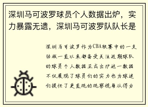 深圳马可波罗球员个人数据出炉，实力暴露无遗，深圳马可波罗队队长是谁