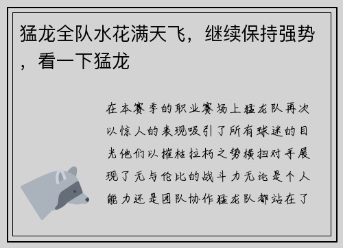 猛龙全队水花满天飞，继续保持强势，看一下猛龙