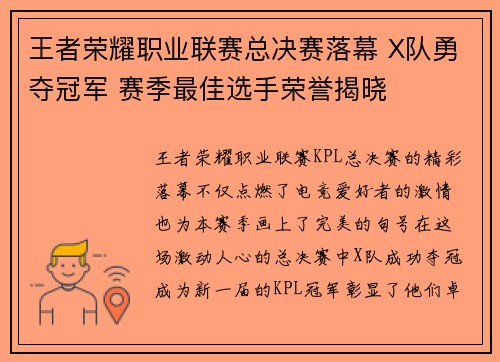 王者荣耀职业联赛总决赛落幕 X队勇夺冠军 赛季最佳选手荣誉揭晓 王者荣耀职业联赛总决赛落幕 X队勇夺冠军 赛季最佳选手荣誉揭晓