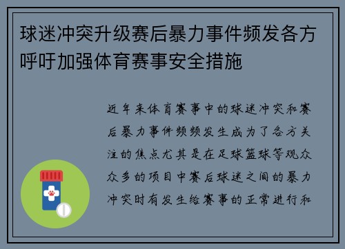 球迷冲突升级赛后暴力事件频发各方呼吁加强体育赛事安全措施